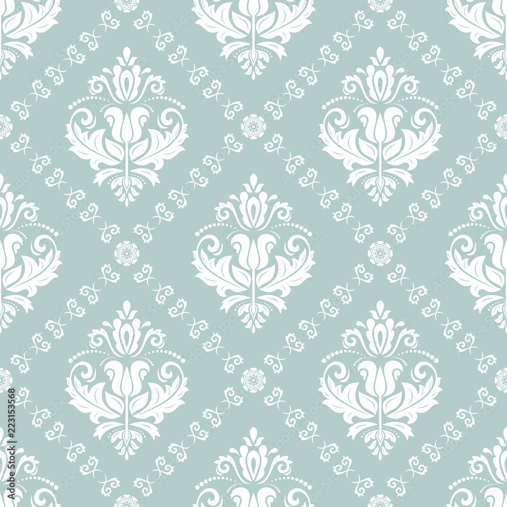 Classic seamless vector pattern. Damask orient light blue and white ornament. Classic vintage background. Orient ornament for fabric, wallpaper and packaging