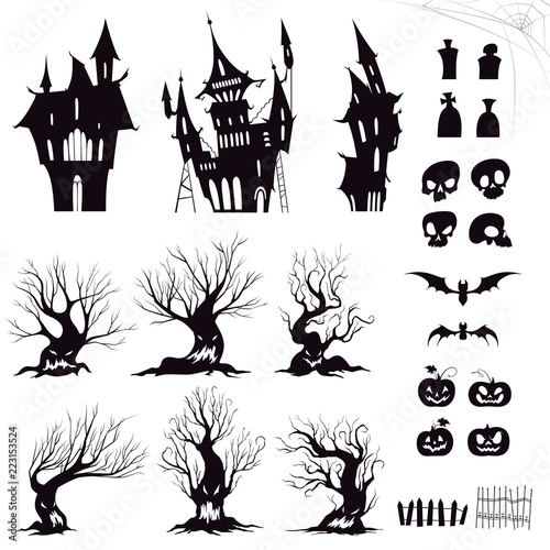 Set of silhouettes for halloween gloomy house, sinister trees, fences, graves, skulls, pumpkins and bats. Vector illustration