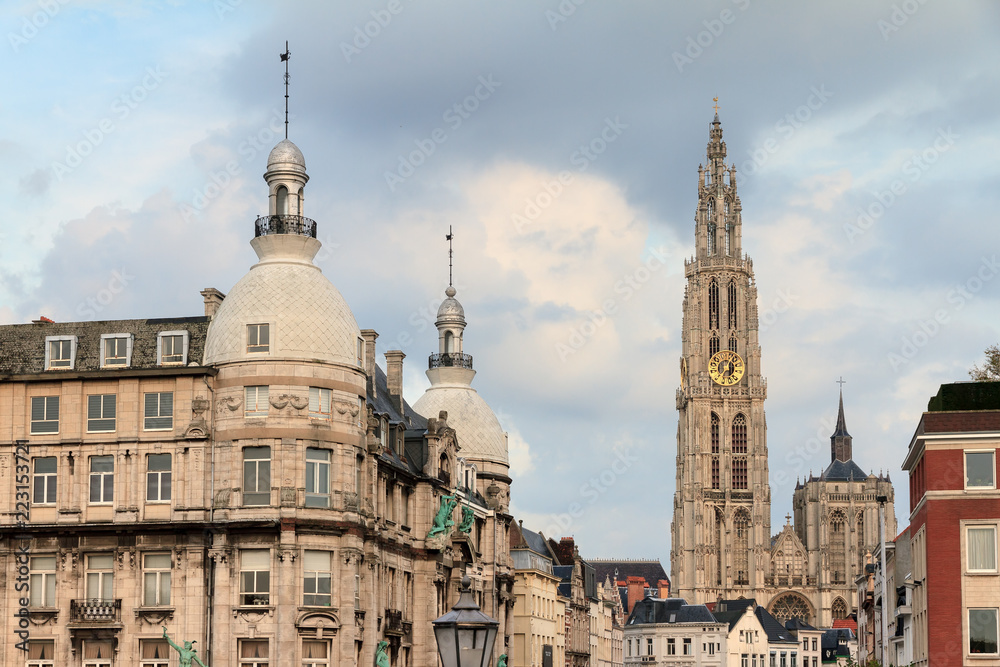 Beautiful view of the Cathedral of Our Lady (Onze-Lieve-Vrouwekathedraal) seen from the quay in Antwerp, Belgium