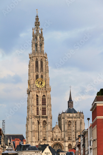 Beautiful view of the Cathedral of Our Lady  Onze-Lieve-Vrouwekathedraal  seen from the quay in Antwerp  Belgium