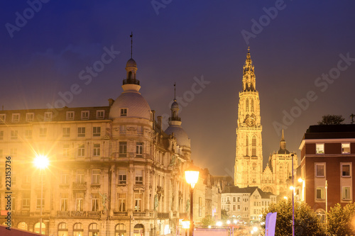 Beautiful view of the Cathedral of Our Lady (Onze-Lieve-Vrouwekathedraal) and a street light lantern at night in Antwerp, Belgium 