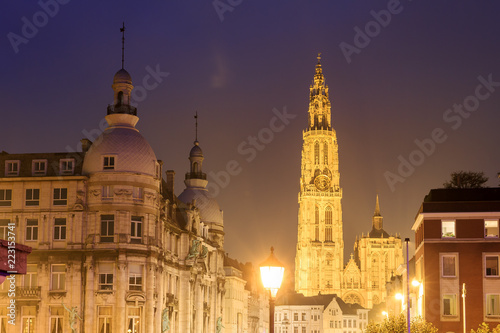 Beautiful view of the Cathedral of Our Lady  Onze-Lieve-Vrouwekathedraal  and a street light lantern at night in Antwerp  Belgium  