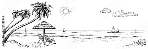 Panoramic beach view. Vector illustration of seaside with palms  two chairs  umbrella and yachts.