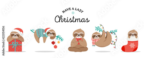 Cute sloths, funny Christmas illustrations with Santa Claus costumes, hat and scarfs, greeting cards set, banner