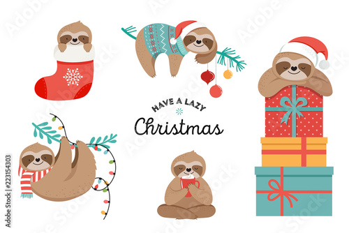 Cute sloths, funny Christmas illustrations with Santa Claus costumes, hat and scarfs, greeting cards set, banner