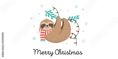 Cute sloths, funny Christmas illustrations with Santa Claus costumes, hat and scarfs, greeting cards set, banner