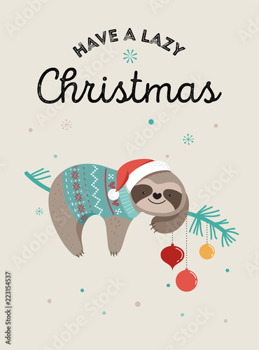Cute sloths, funny Christmas illustrations with Santa Claus costumes, hat and scarfs, greeting cards set, banner