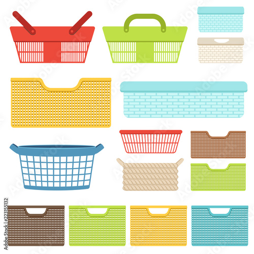 Set of empty plastic containers and baskets for the bathroom or shops. Plastic boxes for laundry and storage of objects. Vector illustration