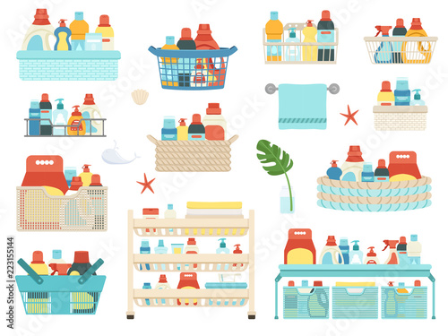 Set of household chemicals, shampoos and hygiene products for the bathroom in baskets