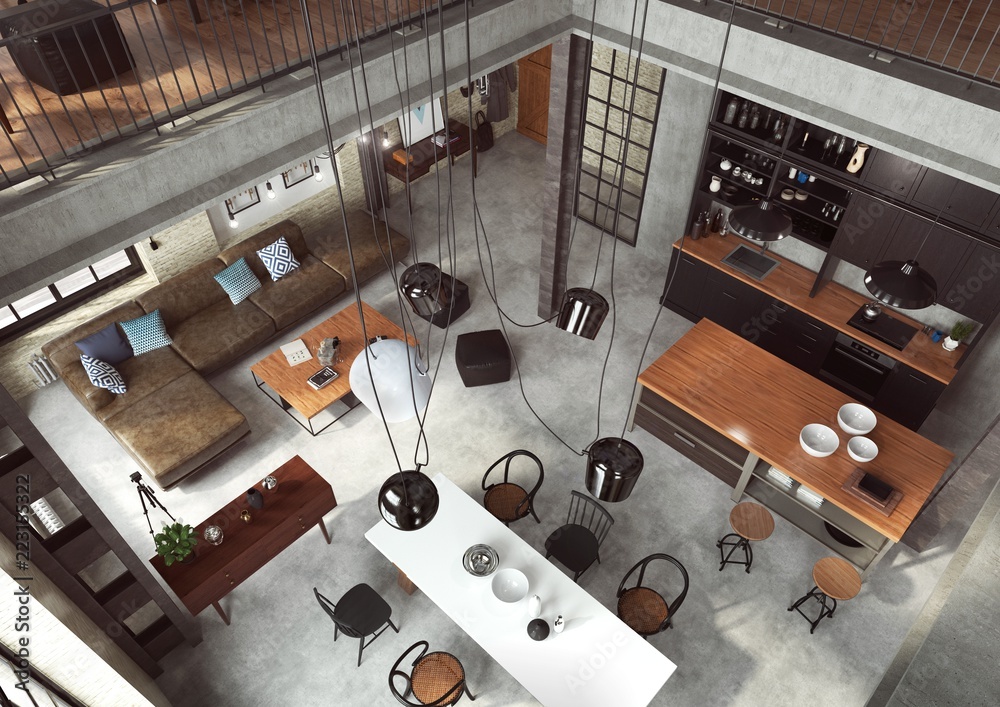 Loft - nowoczesne wnętrze w industrialnym stylu zaprojektowane jako mieszkanie o otwartym planie z kuchnią, jadalnią, pokojem dziennym oraz domowym biurem na parterze i sypialnią na antresoli. - obrazy, fototapety, plakaty 
