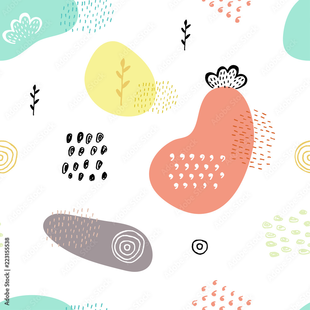 Vector seamless pattern with hand drawn abstract shapes. Spotted and textured figures. Unique design. Creative background. Spots and stains. Freehand style. Wallpaper, wrapping, print on clothes