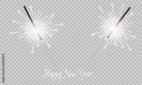 Christmas realistic bengal light effect. Isolated sparkler light vector design elements. Transparent template of glowing sparkler for Xmas Holiday greeting card design. Happy New Year decoration light