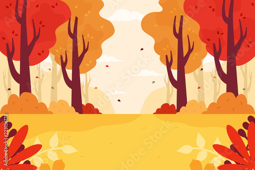 Autumn Forest Background. Flat Design Style.