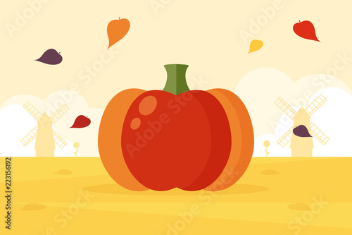 Pumpkin in the Field. Flat Design Style. 
