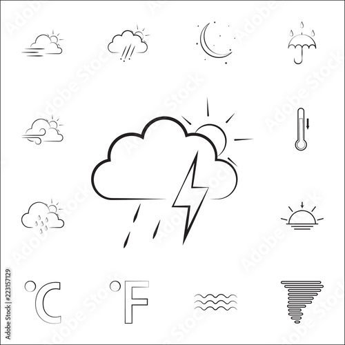 partial rain sign with a thunder-storm icon. Weather icons universal set for web and mobile