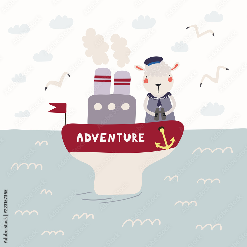 Obraz premium Hand drawn vector illustration of a cute funny sheep sailor on a steamboat. Childish ocean landscape with seagulls, clouds, waves. Scandinavian style flat design. Concept for children print.
