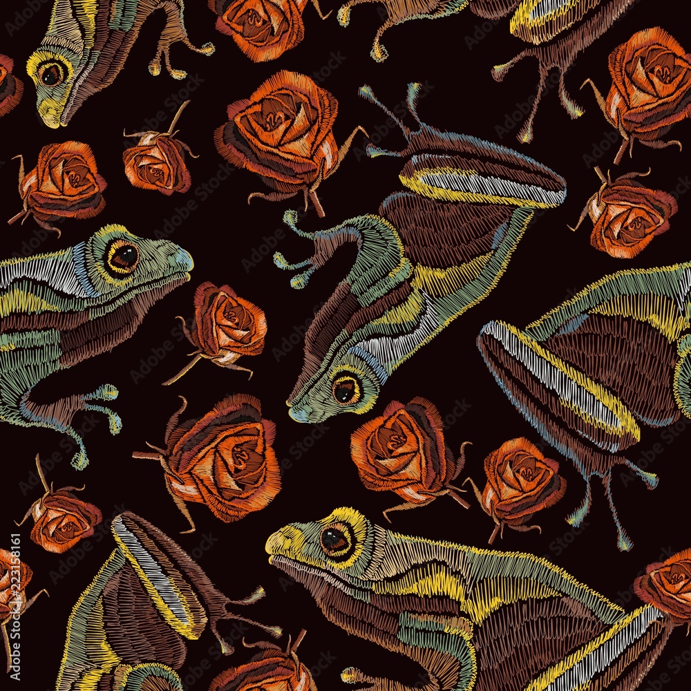 Naklejka premium Embroidery frog and buds of red roses seamless pattern. Vintage template for clothes, textiles, t-shirt design