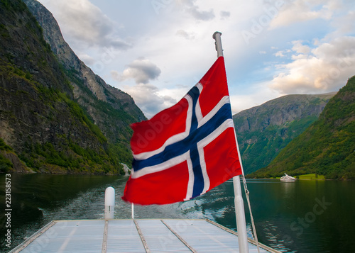 Norwegian flag in a boat within Sognefjord rocky mountain landscape