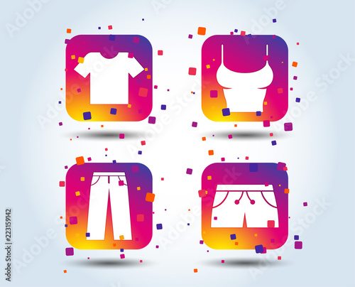 Clothes icons. T-shirt and pants with shorts signs. Swimming trunks symbol. Colour gradient square buttons. Flat design clothes concept. Vector