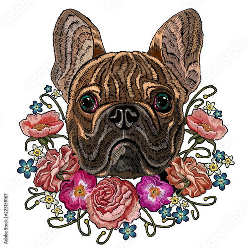 Classical embroidery head bulldog, rose, peonies, fashionable design for clothes, t-shirt design. Embroidery french bulldog and beautiful bouquet of flowers on a white background