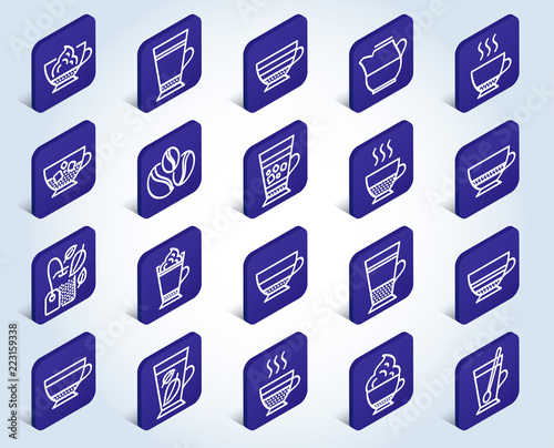 Coffee types and Tea icons. Set of Latte, Frappe and Cappuccino signs. Espresso, Doppio and Cafe Crema symbols. Americano, Whipped cream and Coffee with ice. Mocha, Herbal and Mint tea cups. Vector