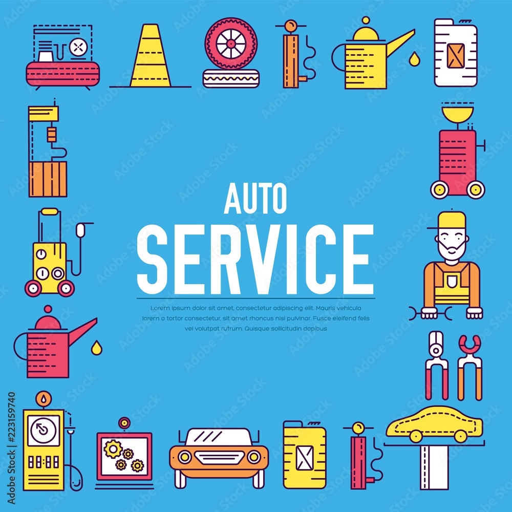 auto service with text concept. Thin line icons with flat background design. Worker mechanic repairs a car on the garage. Vehicle station with workshop tools