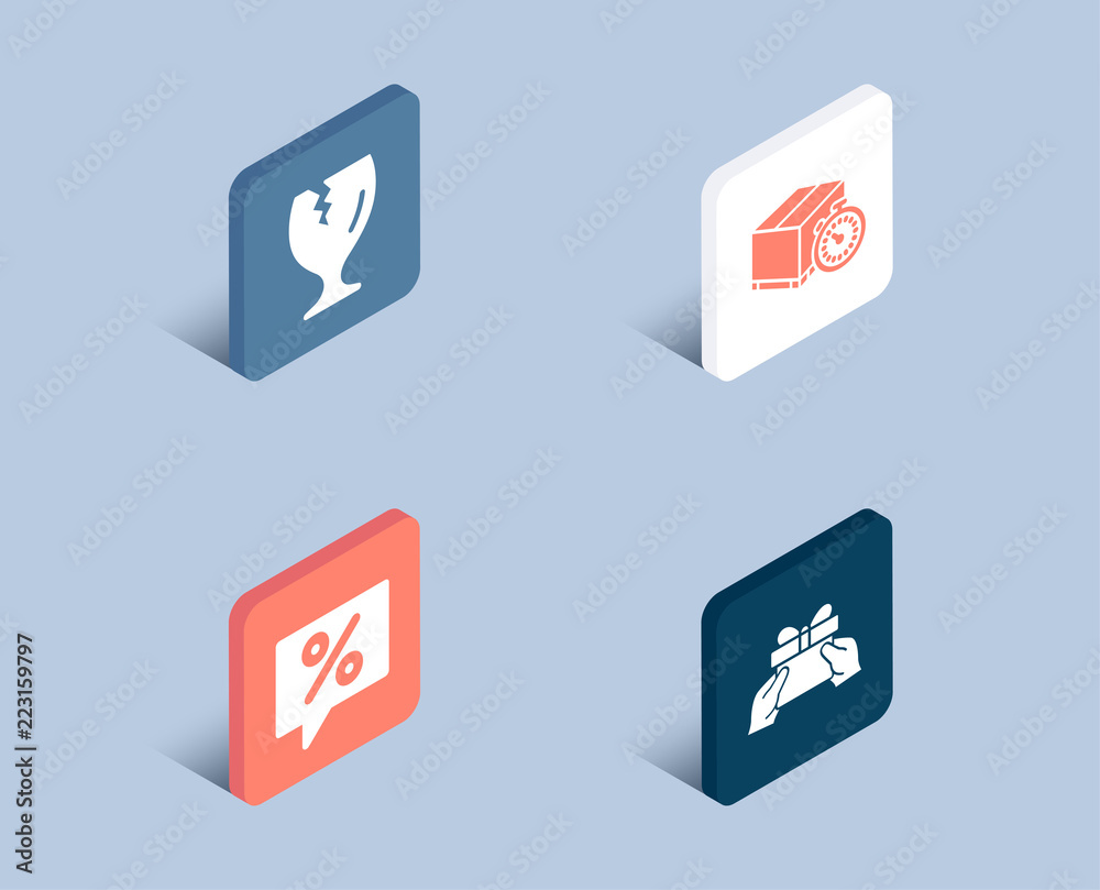 Set of Discount message, Delivery timer and Fragile package icons. Give present sign. Special offer, Express logistics, Safe shipping. Receive a gift. 3d isometric buttons. Flat design concept Set of Discount message, Delivery timer and Fragile package icons. Give present sign. Special offer, Express logistics, Safe shipping. Receive a gift. 3d isometric buttons. Flat design concept