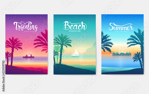 Happy vacation landscape paradise on tropical island. Palm tree silhouette on blue sea. Traveling romantic date
