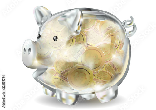 Piggy bank 3d realistic glass in vector on a white background. Coins, savings, bank, finance money cash gold dollar, the year of the pig, wealth, saving Pig piggy.