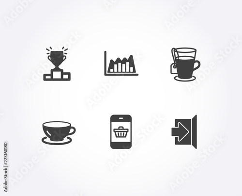 Set of Tea, Infographic graph and Winner podium icons. Espresso, Smartphone buying and Exit signs. Glass mug, Line diagram, Competition results. Coffee cup, Website shopping, Escape. Vector