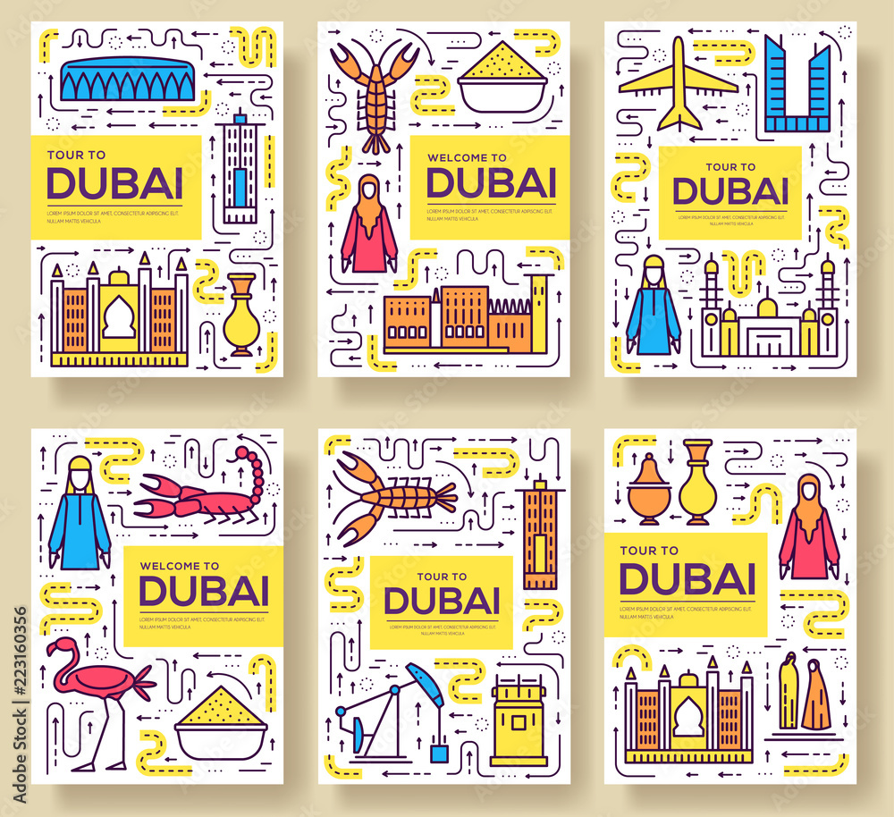 Dubai vector brochure cards thin line set. Country travel template of flyear, magazines, posters, book cover, banners. Layout culture monument outline illustrations modern pages