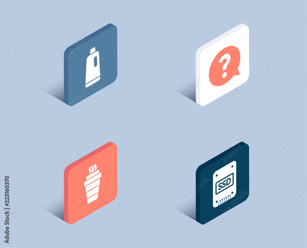 Set of Question mark, Takeaway and Shampoo icons. Ssd sign. Help support, Takeout coffee, Bath cleanser. Solid-state drive. 3d isometric buttons. Flat design concept. Vector Set of Question mark, Takeaway and Shampoo icons. Ssd sign. Help support, Takeout coffee, Bath cleanser. Solid-state drive. 3d isometric buttons. Flat design concept. Vector