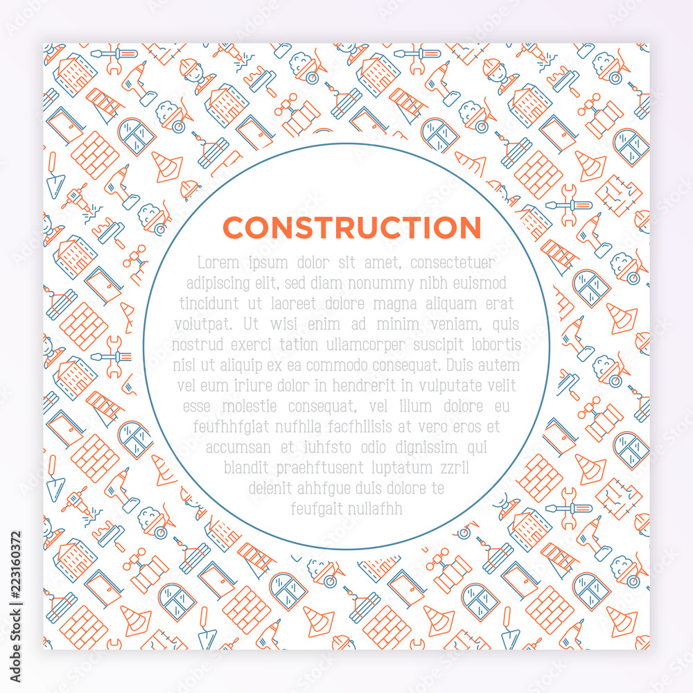 Construction concept with thin line icons: builder in helmet, work tools, brickwork, floor plan, plumbing, trowel, traffic cone, stepladder, jackhammer. Vector illustration, print media template. Construction concept with thin line icons: builder in helmet, work tools, brickwork, floor plan, plumbing, trowel, traffic cone, stepladder, jackhammer. Vector illustration, print media template.