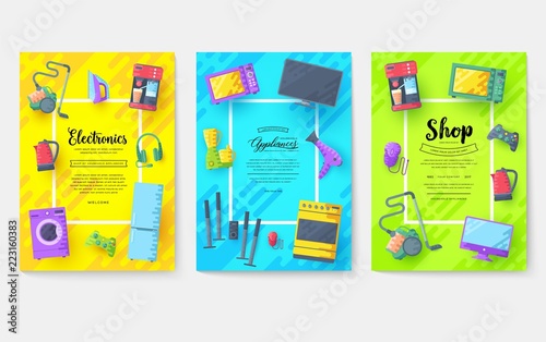 Home appliances cards set. Electronics template of flyear, magazines, posters, book cover, banners. Devices infographic concept background. Layout illustrations template pages with typography text