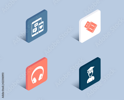 Set of Headphones, Social media and Usb flash icons. Student sign. Music listening device, Mobile devices, Memory stick. Graduation cap.  3d isometric buttons. Flat design concept. Vector