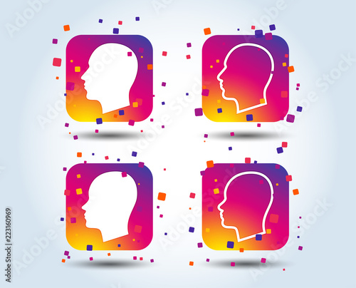 Head icons. Male and female human sign symbols. Colour gradient square buttons. Flat design concept. Vector