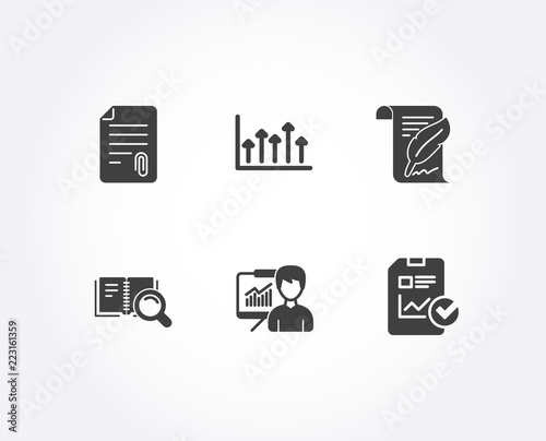 Set of Search book, Attachment and Growth chart icons. Presentation, Feather and Report checklist signs. Online education, Attach file, Upper arrows. Education board, Copyright page, Sales growth file