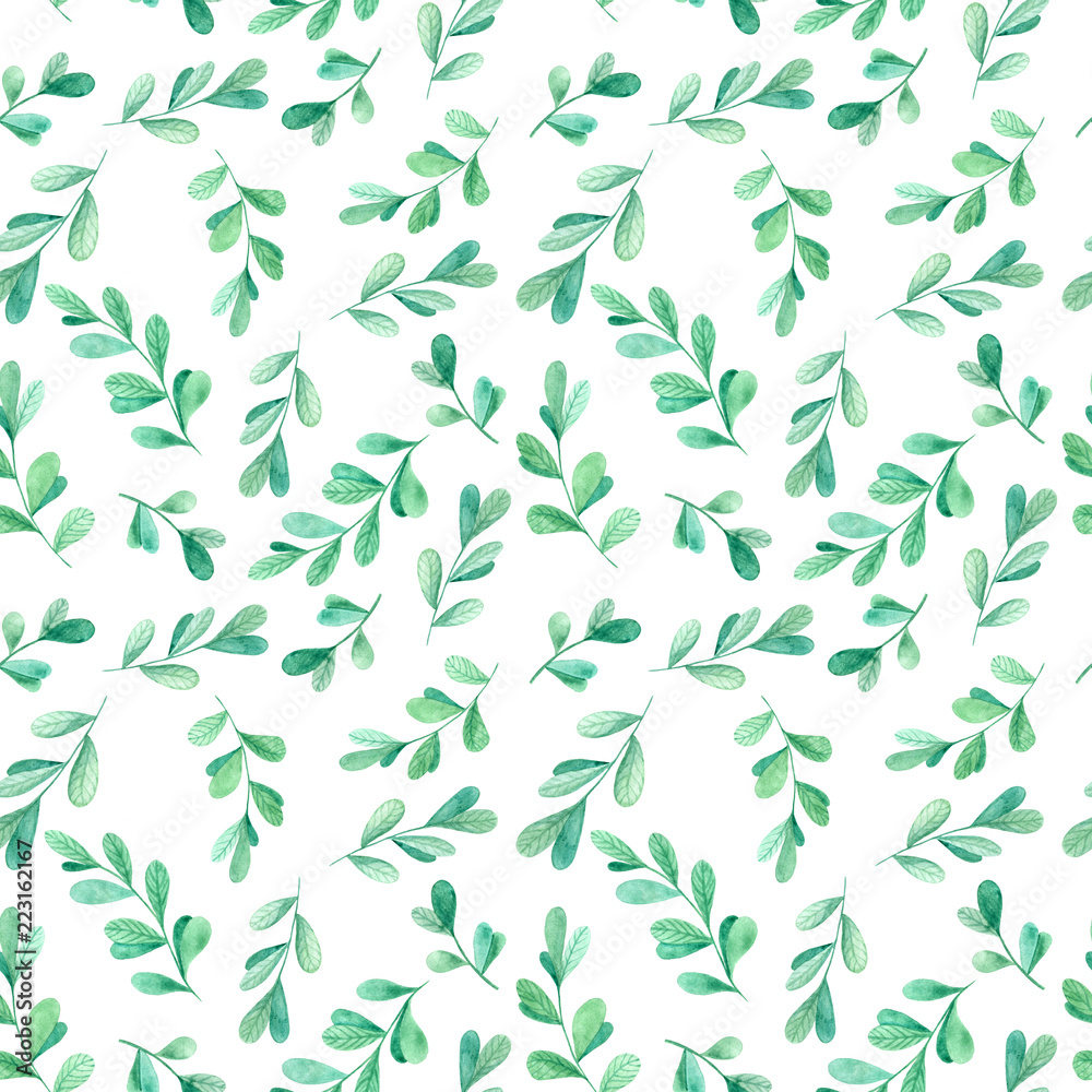 Spring pattern of leaves on a white background. Green branches. Hand drawn illustration. Spring pattern of leaves on a white background. Green branches. Hand drawn illustration.