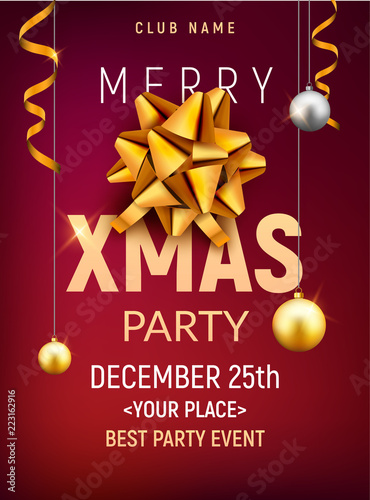 Christmas party poster template. Christmas gold silver balls and golden bow flyer decoration invitation banner