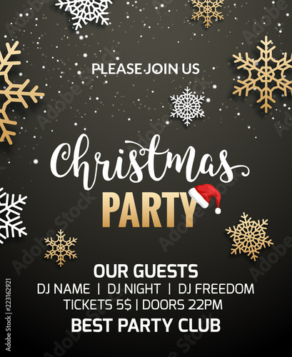 Christmas party poster invitation decoration design. Xmas holiday template background with snowflakes