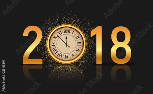2018 new year shining background with clock. Happy new year 2018 celebration decoration poster, festive card template photo