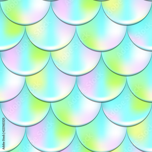 Mermaid fish scale seamless pattern with holographic effect. Iridescent mermaid vector background.