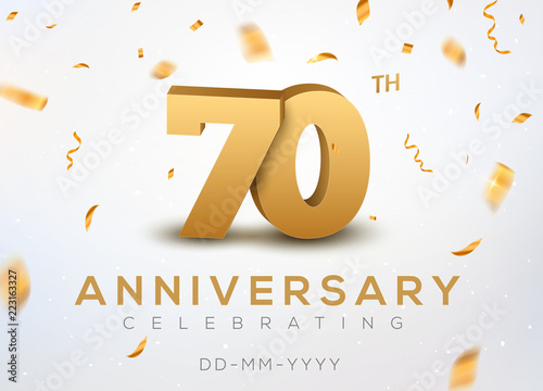 70 Anniversary gold numbers with golden confetti. Celebration 70th anniversary event party template
