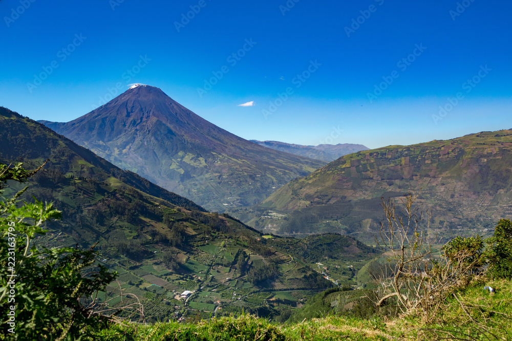 Town and volcano Tungurahua in Andes of Ecuacor