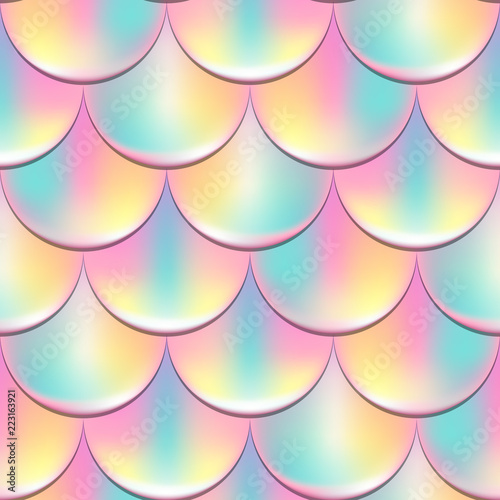 Mermaid or fish scale seamless pattern with holographic effect. Vibrant mermaid vector background.