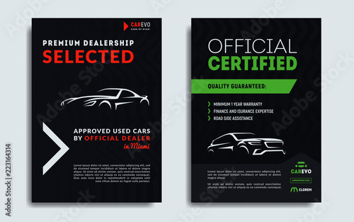Set of A4, A5 car repair service business card templates. Car sale business catalogue or broschure cover layout design. Vector illustration.