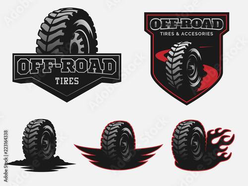 Set of off-road tyre service logo emblems and badges.