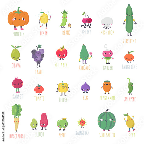 Cute cartoon live fruits & vegetables vector set. Part one.