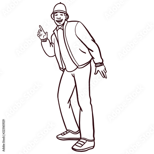 hand drawn old school hip hop boy in retro look in B-boy stand. African American, cartoon, vector, eighties, wildstyle, grafitty, outline, black and white