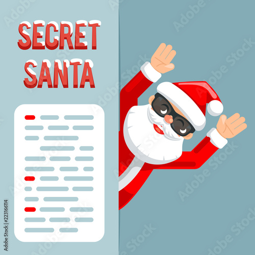 Discovered hands up surender give up revealed secret santa claus peeking out corner cartoon character flat design poster isolated vector illustration